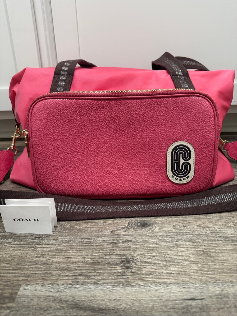 Coach Court Weekender Pink Nylon Duffle Bag with Pebble Leather Accents